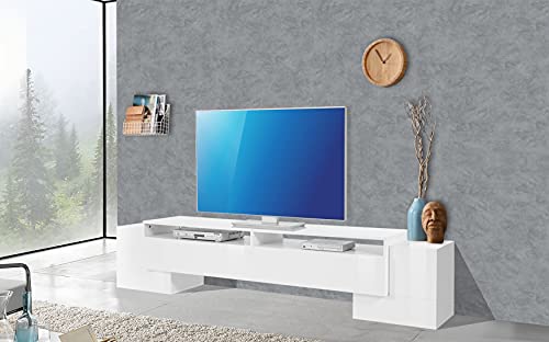 Dmora Wohnzimmer TV-Ständer, Made in Italy, TV-Ständer mit 3 Türen und Regalen, 210x45h45 cm, glänzend weiße Farbe von Dmora