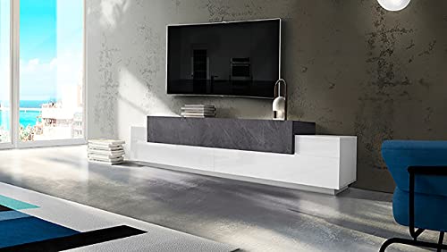 Dmora Wohnzimmer-TV-Ständer, Made in Italy, TV-Ständer mit 3 Türen und Regalen, 240x45h52 cm, Farbe Weiß glänzend und Aschgrau von Dmora