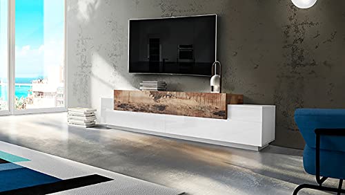 Dmora - Fernsehschrank Nico, Niedriges Sideboard für Wohnzimmer, Sockel für TV-Möbel, 100 % Made in Italy, cm 240x45h52, Weiß glänzend und Ahorn von Dmora