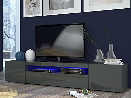 Dmora Wohnzimmer-TV-Ständer, Made in Italy, TV-Ständer mit 3 Türen und Regalen, cm 200x40h37, Farbe Anthrazit glänzend, mit blauem LED-Licht von Dmora