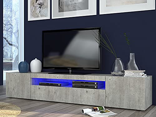 Dmora Wohnzimmer TV-Ständer, Made in Italy, TV-Ständer mit 3 Türen und Regalen, cm 200x40h37, Zementfarbe, mit blauem LED-Licht von Dmora