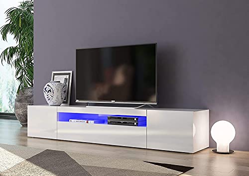 Dmora Wohnzimmer-TV-Ständer, Made in Italy, TV-Ständer mit 3 Türen und Regalen, cm 200x40h37, glänzend weiße Farbe, mit blauem LED-Licht von Dmora