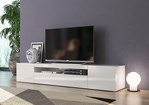 Dmora Wohnzimmer-TV-Ständer, Made in Italy, TV-Ständer mit 3 Türen und Regalen, cm 200x40h37, glänzende weiße Farbe von Dmora