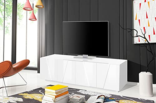 Dmora Wohnzimmer TV-Ständer, Made in Italy, TV-Ständer mit 4 Türen mit Detail, 162x44h46 cm, glänzend weiße Farbe von Dmora