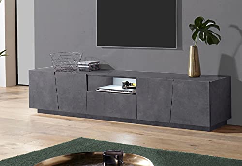 Dmora Wohnzimmer-TV-Ständer, Made in Italy, TV-Ständer mit 4 Türen und 1 Schublade, 220x43h46 cm, Farbe Schiefergrau, mit weißem LED-Licht von Dmora