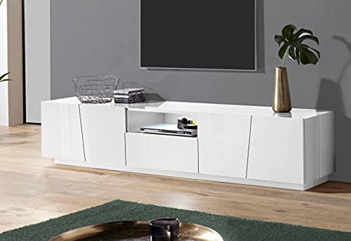 Dmora Wohnzimmer TV-Ständer, Made in Italy, TV-Ständer mit 4 Türen und 1 Schublade, 220x43h46 cm, glänzend weiße Farbe, mit weißem LED-Licht von Dmora
