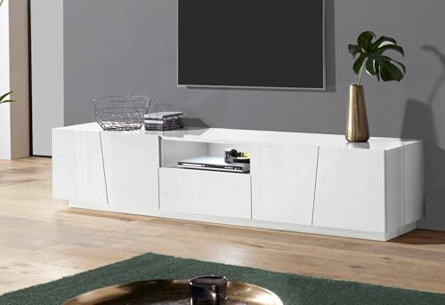 Dmora - TV-Schrank Paul, niedriges Wohnzimmer-Sideboard, Fernsehständer-Basis, 100 % Made in Italy, 220 x 43 x 46 cm, glänzend weiß, mit LED-Licht Dmora - TV-Schrank Paul, niedriges Wohnzimmer-Sideboard, Fernsehständer-Basis, 100 % Made in Italy, 220 x 43 x 46 cm, glänzend weiß, mit LED-Licht von Dmora