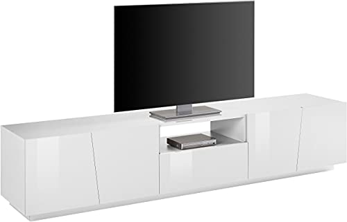 Dmora Wohnzimmer TV-Ständer, Made in Italy, TV-Ständer mit 4 Türen und 1 Schublade, 220x43h46 cm, glänzend weiße Farbe von Dmora