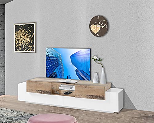 Dmora Wohnzimmer TV-Ständer, Made in Italy, TV-Ständer mit 4 Türen und Regalen, 220x45h51 cm, Glanzweiß und Ahornfarbe von Dmora