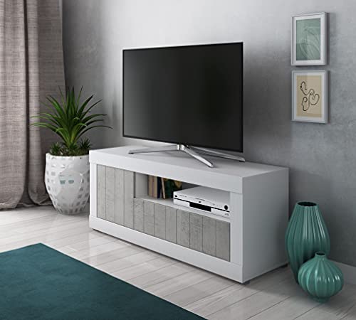 Dmora Wohnzimmer-TV-Ständer, Sideboard mit Regalen und Regalen, Wohnzimmer-TV-Ständer, 137x42h56 cm, Weiß und Zementfarbe von Dmora