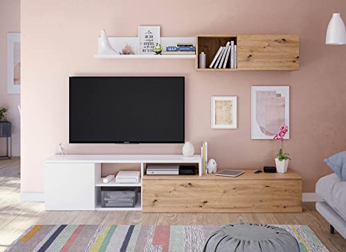 Dmora - Einbaufertige Wand Miami, TV-Ständer für Wohnzimmer, Wohnzimmerkomposition mit Wohnwand und Regal, cm 220x40h44, Asteffekt Eiche und Weiß von Dmora