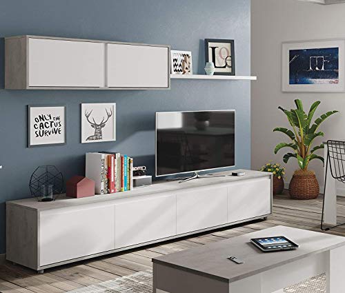 Dmora Wohnzimmer TV-Ständer mit vier Türen, mit Hängeschrank und Regal, Betonfarbe und Artikweiß, TV-Schrankmaß 200 x 43 x 41 cm Hängeschrank 105 x 35 x 29 cm Regal 95 x 3 x 21 cm von Dmora