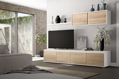 Dmora - Einbaufertige Wand Savannah, TV-Ständer für Wohnzimmer, Zusammensetzung des Wohnzimmersets, Wohnzimmergarnitur mit Schrankwand, cm 200x41h43, Weiß und Eiche von Dmora