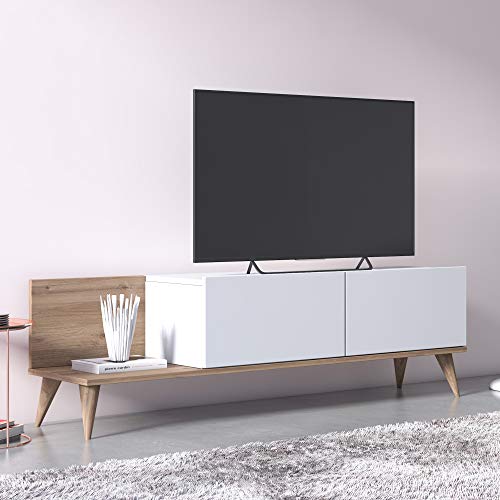 Dmora - Wohnzimmer-TV-Ständer mit zwei Klapptüren, 152 x 35 x 43 cm, Eiche und weiße Farbe von Dmora