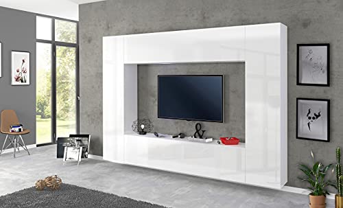 Dmora Wohnzimmer-Wandeinheit, Made in Italy, TV-Ständer und Wandeinheiten und Regale, Modernes Wohnzimmer-Set, 260x30h180 cm, Glänzende weiße Farbe von Dmora