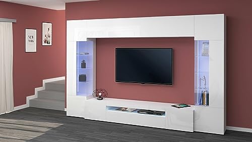 Dmora - Wohnzimmermöbel Clementino, Wohnzimmer-Set TV-Möbel mit 6 Türen, Mehrzweck-Wohnzimmermöbel mit LED-Beleuchtung, 100% Made in Italy, cm 290x40h191, glänzend weiß von Dmora