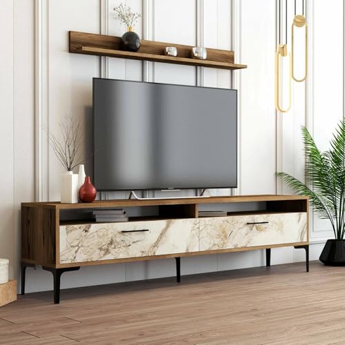 Dmora Parete attrezzata Edasich, Composizione soggiorno, Mobile salotto multiuso, Armadio Porta TV, 180x35h47 cm, Noce e Bianco Marmo von Dmora