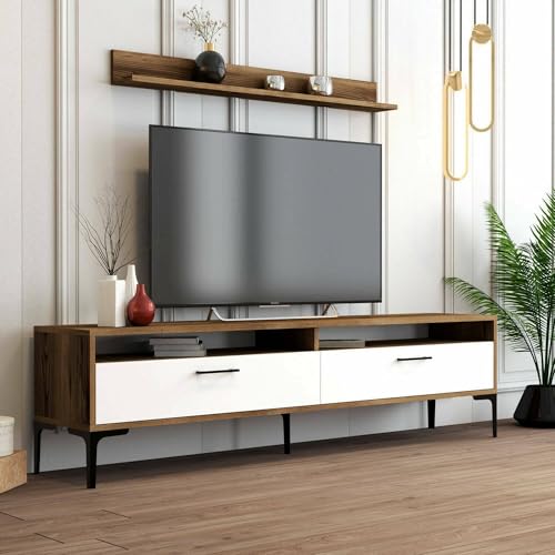 Dmora - Wohnzimmermöbel Edasich, Modulares Wohnzimmerset, Mehrzweck-Wohnzimmermöbel, Moderner TV-Schrank, 180x35h47 cm, Walnuss und Weiß von Dmora