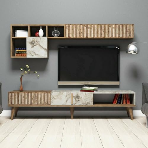 Dmora - Wohnzimmermöbel Gemini, Modulares Wohnzimmerset, Mehrzweck-Wohnzimmermöbel, Moderner TV-Schrank, 180x35h40 cm, Nussbaum und Weißer Marmor von Dmora
