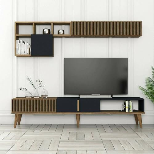 Dmora - Wohnzimmermöbel Gemini, Modulares Wohnzimmerset, Mehrzweck-Wohnzimmermöbel, Moderner TV-Schrank, 180x35h40 cm, Walnuss und Anthrazit von Dmora