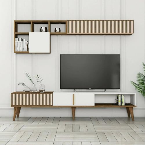 Dmora Parete attrezzata Gemini, Composizione soggiorno, Mobile salotto multiuso, Armadio Porta TV, 180x35h40 cm, Noce e Bianco von Dmora