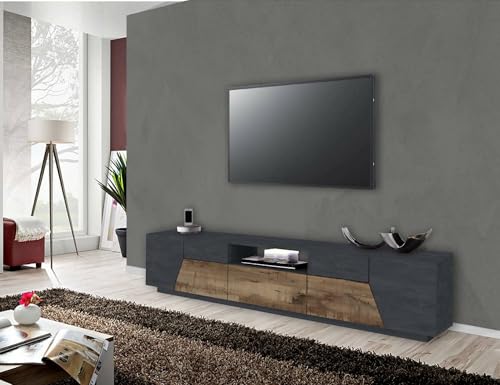 Dmora Wohnzimmermöbel TV-Möbel, Made in Italy, TV-Möbel mit 4 geometrischen Türen und 1 Schublade, Cm 220x43h46, Schiefer und Ahorn von Dmora