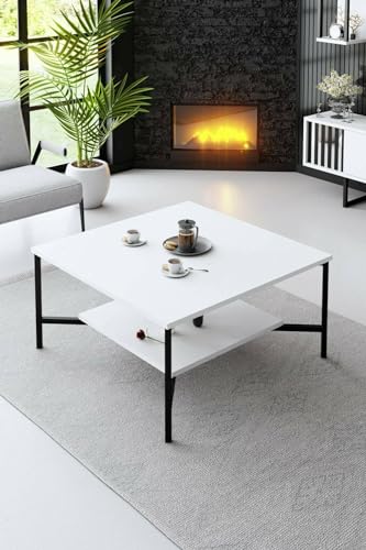 Dmora - Wohnzimmertisch Alshain, Niedriger Wohnzimmertisch, Kaffeeregal, Couchtisch für Sofa, 80x80h40 cm, Weiß und Schwarz von Dmora