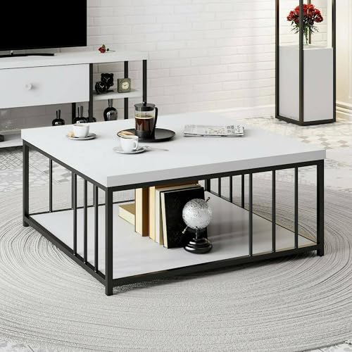 Dmora - Wohnzimmertisch Ankaa, Niedriger Wohnzimmertisch, Kaffeeregal, Couchtisch für Sofa, 90x90h40 cm, Weiß und Schwarz von Dmora
