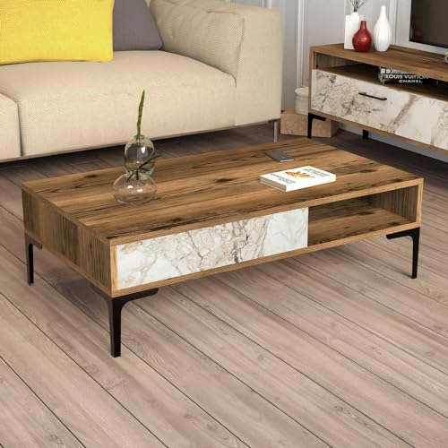 Dmora - Wohnzimmertisch Diadem, Niedriger Wohnzimmertisch, Kaffeeregal, Couchtisch für Sofa, 105x60h33 cm, Walnuss und Weiß von Dmora