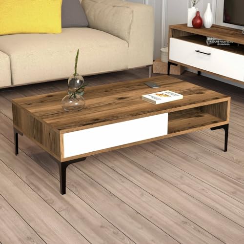 Dmora - Wohnzimmertisch Diadem, Niedriger Wohnzimmertisch, Kaffeeregal, Couchtisch für Sofa, 105x60h33 cm, Walnuss und Weiß von Dmora