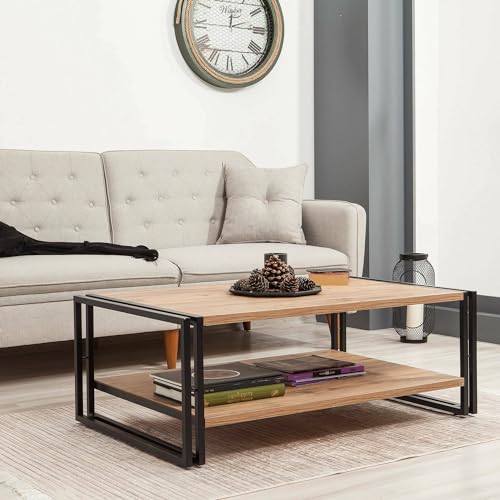 Dmora - Wohnzimmertisch Sirius, Niedriger Wohnzimmertisch, Kaffeeregal, Couchtisch für Sofa, 110x70h40 cm, Eiche und Schwarz von Dmora