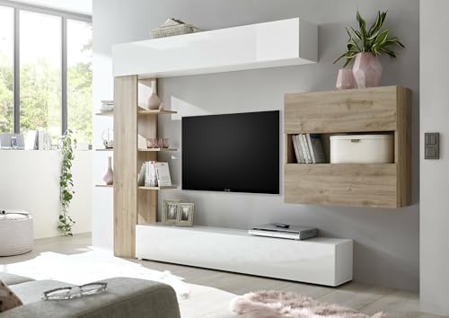 Dmora - Wohnzimmerwand, Made in Italy, TV-Schrank, Modernes Wohnzimmer-Set, 295 x 30 h 197 cm, glänzendes Weiß und Eichenfarbe Dmora - Wohnzimmerwand, Made in Italy, TV-Schrank, Modernes Wohnzimmer-Set, 295 x 30 h 197 cm, glänzendes Weiß und Eichenfarbe von Dmora