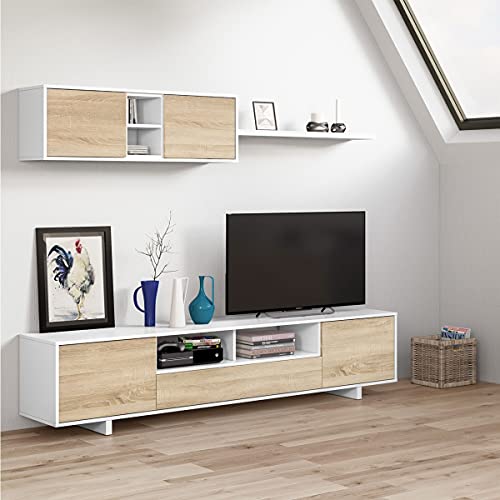 Dmora Wohnzimmerwandsystem, moderner TV-Schrank aus Eiche, mit 2-türiger Oberschrank und Regal, 200 x 46 x 41 cm, Farbe Eiche und Weiß von Dmora