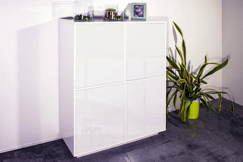 Dmora - Kommode Zaccaria, 4-türiges Küchen-Sideboard, Wohnzimmer-Buffet, 100% Made in Italy, 100 x 41 x 126 cm, glänzendes Weiß, von Dmora