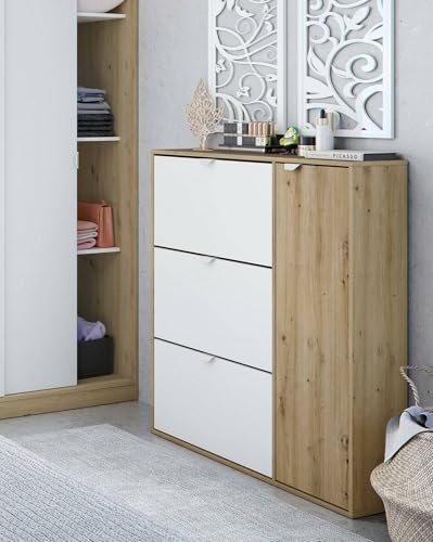 Dmora - Schuhregal Tok, Schuhregal für den Eingangsbereich mit 4 Türen, platzsparender Schuhschrank, 105 x 24 x 112 cm, Weiß und Eiche Dmora - Schuhregal Tok, Schuhregal für den Eingangsbereich mit 4 Türen, platzsparender Schuhschrank, 105 x 24 x 112 cm, Weiß und Eiche von Dmora