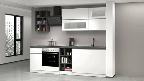 Dmora - Vollständige Küche Ronald, Set mit Speisekammer, Küchenzeile Schrank, Linearer Blocksatz, 100% Made in Italy, 255 x 60 x 85 cm, glänzendes Weiß und Schiefer von Dmora