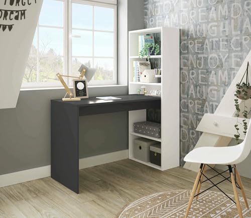 Escritorio Denton, Multifunción Reversible with librería de 5 estantes, Mesa de estudio u oficina para Porta libros de PC, 120 x 53 h144 cm, Blanco y Anthrazit von Dmora