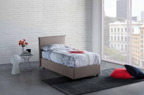 Talamo Italia - Einzelbett Claire, Bettkasten mit Stoffbezug, 100 % Made in Italy, Öffnung vorne, inklusive Matratze 90 x 200 cm, Taupe von Dmora