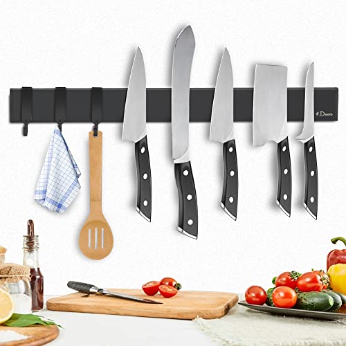 Dmore Magnetleiste Messer mit 3 Haken, 40 cm Messerhalter magnetisch schwarz, extrem selbstklebend Magnet Messerhalter aus Edelstahl, inklusive Klebeband und Schrauben, für Messer und Utensilien von Dmore