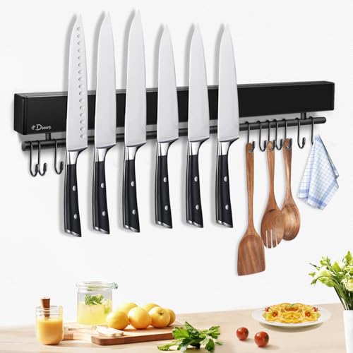 Dmore Magnetleiste Messer mit 10 Haken, 50 cm Messerhalter magnetisch schwarz mit Hakenleiste, extrem selbstklebend Magnet Messerhalter, inklusive Klebeband und Schrauben, für Messer und Utensilien von Dmore