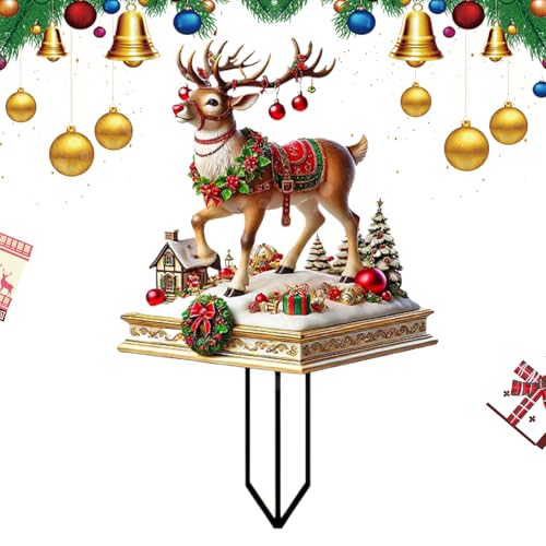 Dmuzsoih Weihnachts-Rentier für den Außenbereich, Weihnachts-Rasenschild mit Schneehaus und Kranzmuster, wasserdichter 2D-Acrylpfahl für Garten, Rasen, Hof, Outdoor-Dekorationen von Dmuzsoih