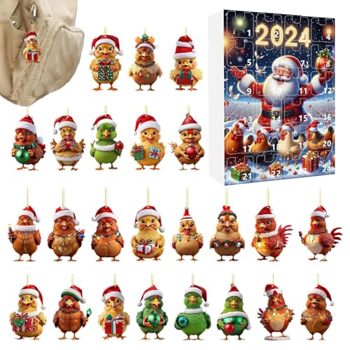 Dmuzsoih Weihnachtskalender Huhn - 24 Türchen Mit Süßen Hühner-Anhängern Countdown Kalender - 2D Acrylic Flachanhänger Huhn Charm Für Christbaumschmuck Wanddekoration Auto-Innenspiegel von Dmuzsoih