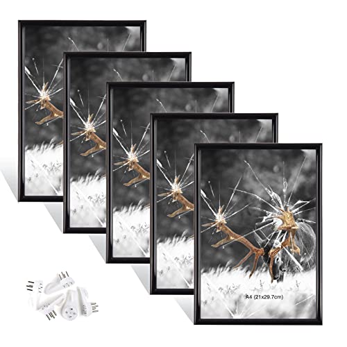 Dmyifan 5er Set Schwarz Fotorahmen, Bilderrahmen DIN A4(21 x 29,7 cm), Plexi-Glas Portraitrahmen Mit Nahtloser Haken, Wohnzimmer zum Stellen und Hängen, Dekorahmen für Fotos Portrait Jubiläum von Dmyifan