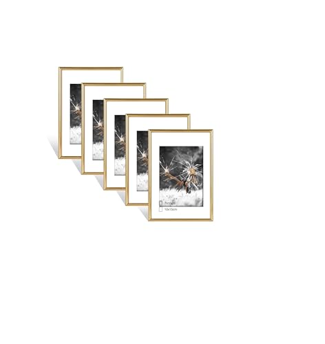 Dmyifan 5er Set Gold Fotorahmen, Bilderrahmen DIN 6 Inches (10.2x15.2cm), Plexi-Glas Portraitrahmen Mit Nahtloser Haken, Wohnzimmer zum Stellen und Hängen, Dekorahmen für Fotos Portrait Jubiläum von Dmyifan