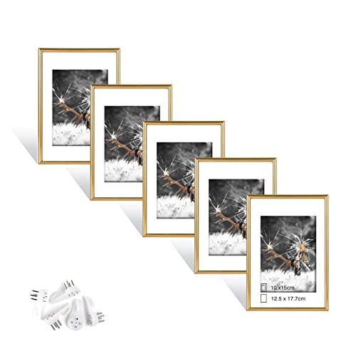 Dmyifan 5er Set Gold Fotorahmen, Bilderrahmen DIN 7 Inches (12.7x17.8cm), Plexi-Glas Portraitrahmen Mit Nahtloser Haken, Wohnzimmer zum Stellen und Hängen, Dekorahmen für Fotos Portrait Jubiläum von Dmyifan