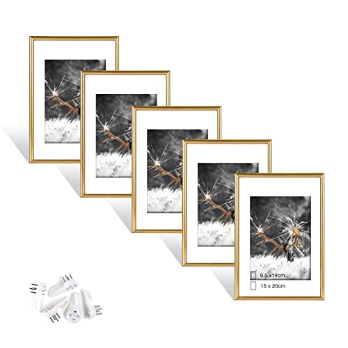 Dmyifan 5er Set Gold Fotorahmen, Bilderrahmen DIN 8 Inches (15.2x20.3cm), Plexi-Glas Portraitrahmen Mit Nahtloser Haken, Wohnzimmer zum Stellen und Hängen, Dekorahmen für Fotos Portrait Jubiläum von Dmyifan