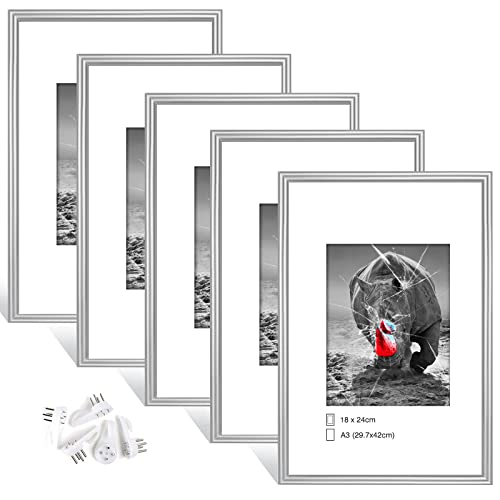 Dmyifan 5er Set Silber Fotorahmen, Bilderrahmen DIN A3(29,7 x 42cm), Plexi-Glas Portraitrahmen Mit Nahtloser Haken, Wohnzimmer zum Stellen und Hängen, Dekorahmen für Fotos Portrait Jubiläum von Dmyifan