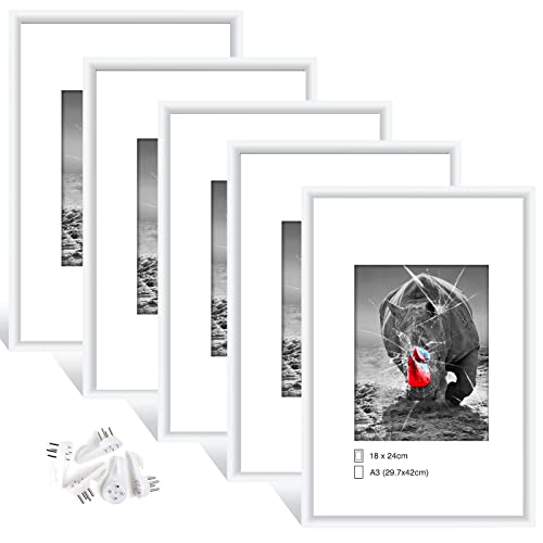 Dmyifan 5er Set Weiß Fotorahmen, Bilderrahmen DIN A3(29,7 x 42cm), Plexi-Glas Portraitrahmen Mit Nahtloser Haken, Wohnzimmer zum Stellen und Hängen, Dekorahmen für Fotos Portrait Jubiläum von Dmyifan
