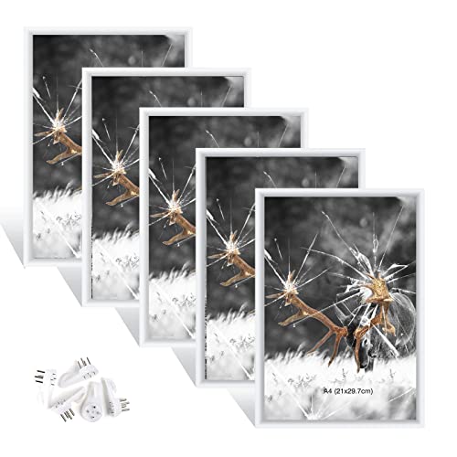 Dmyifan 5er Set Weiß Fotorahmen, Bilderrahmen DIN A4(21 x 29,7 cm), Plexi-Glas Portraitrahmen Mit Nahtloser Haken, Wohnzimmer zum Stellen und Hängen, Dekorahmen für Fotos Portrait Jubiläum von Dmyifan