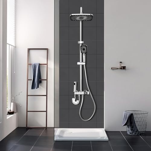 DnKelar Duschset mit Armatur, Edelstahl Duschsystem, 27,5 cm Regendusche, mit LED-Temperaturanzeige, 3 Strahlarten Duschkopf, Duscharmatur Komplettset ohne Thermostat (Chrom) von DnKelar